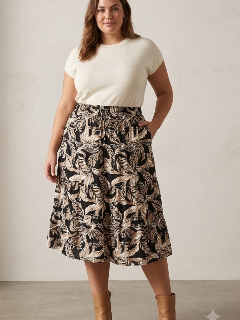 Black and Cream Leaf-Print Tiered Midi Women's Skirt✨